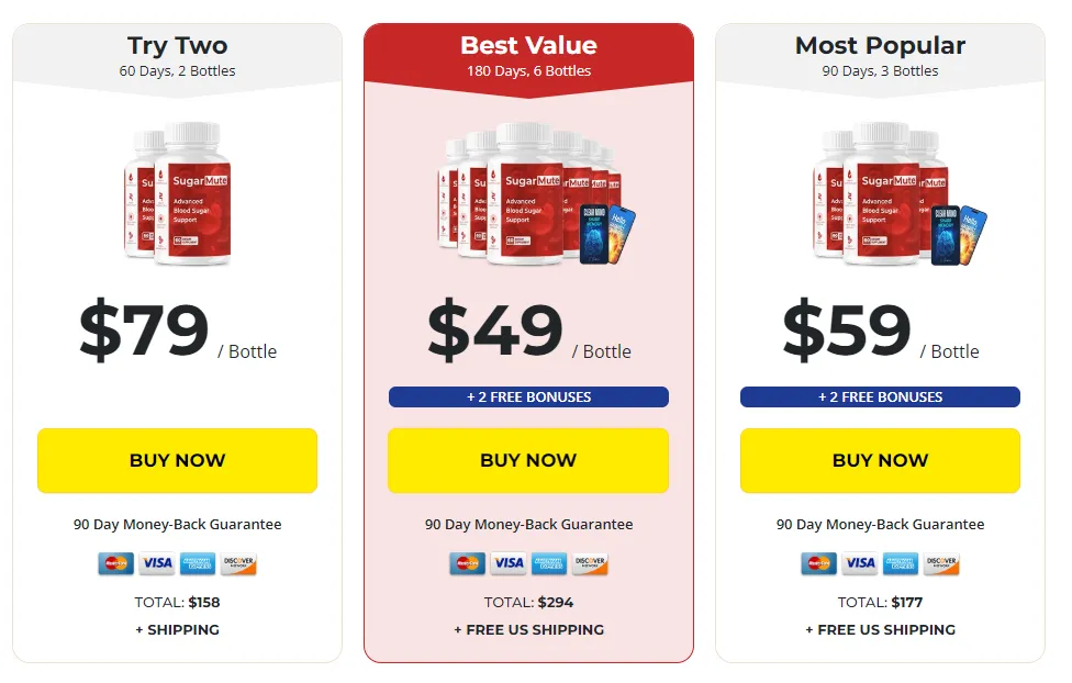 SugarMute 2 bottle 3 bottle and 6 bottle pricing packages